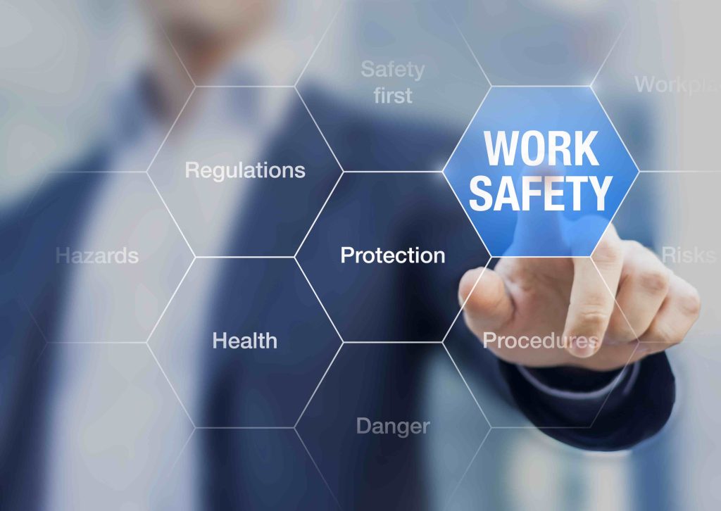 Businessman presenting work safety concept, hazards, protections, health and regulations in Ontario